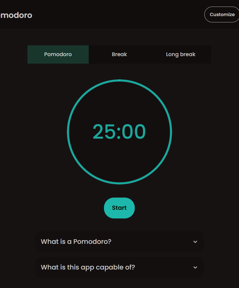 Pomodoro application with customizable intervals for work and rest.