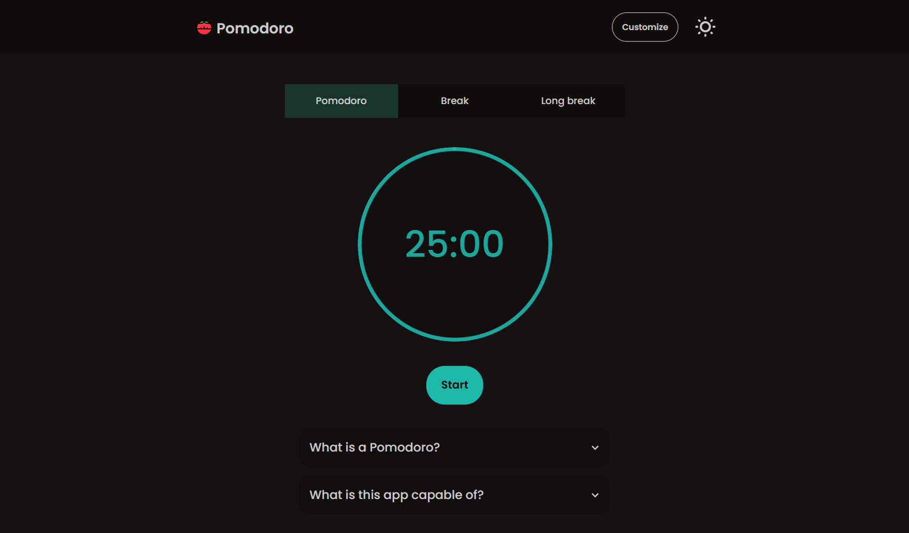 Pomodoro application with customizable intervals for work and rest.